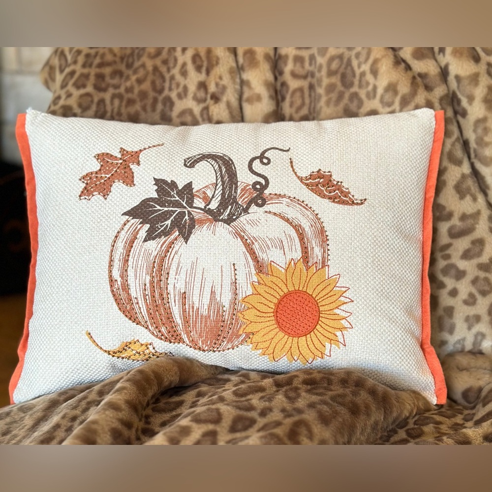 Autumn Pumpkin and Sunflower Accent Pillow with Orange Trim